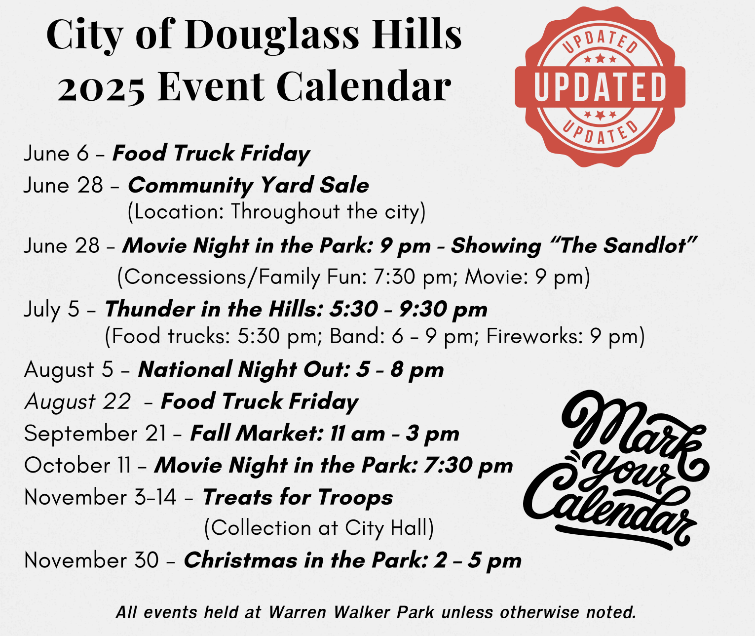 City of Douglass Hills 2025 event calendar with dates for various events including food trucks, movie nights, and holiday activities.