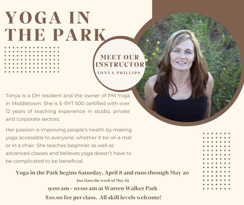 Flyer for "Yoga in the Park" with instructor information, image, event dates, and details for all skill levels at Warren Walker Park.