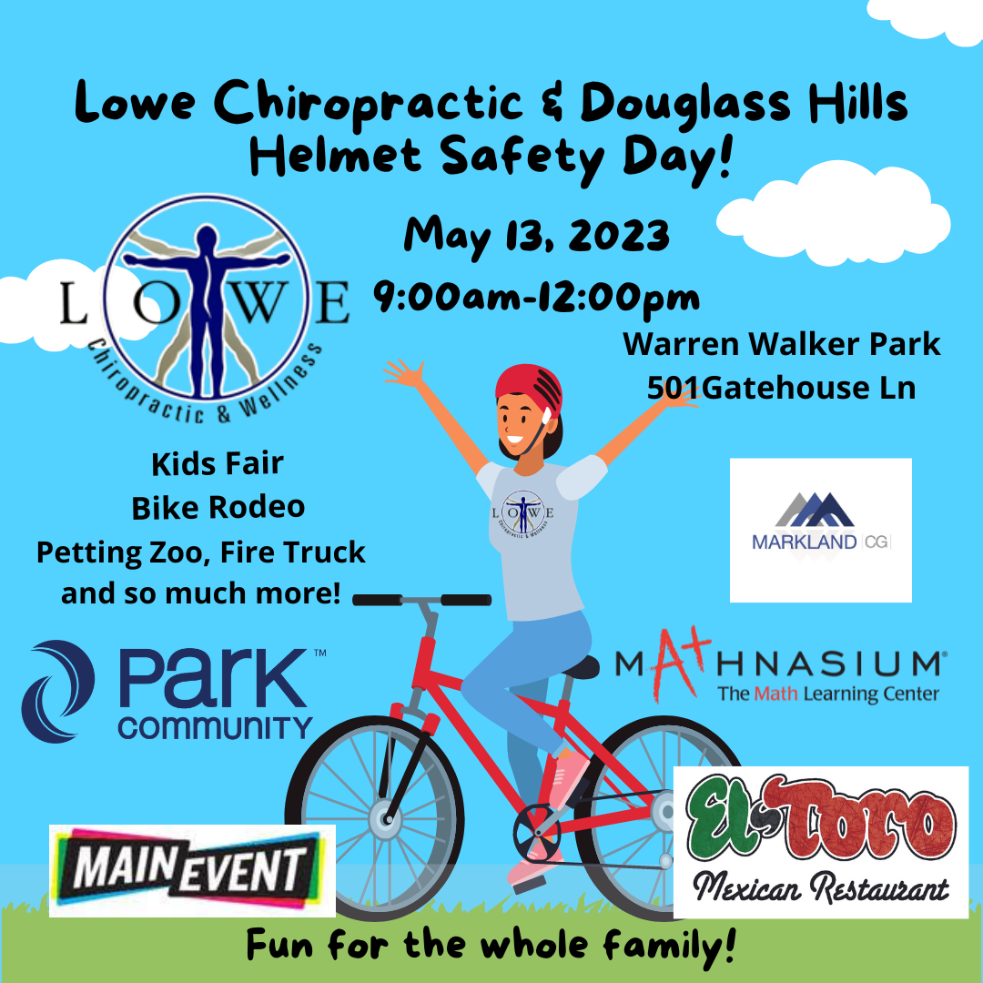 Flyer for Lowe Chiropractic & Douglass Hills Helmet Safety Day on May 13, 2023, from 9am to 12pm at Warren Walker Park.